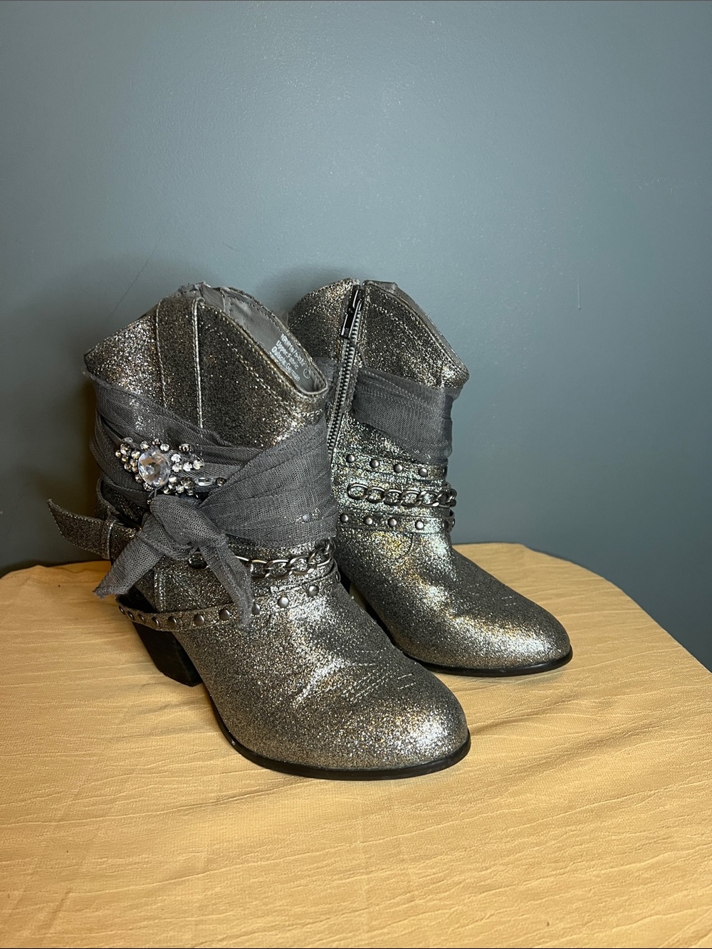Not Rated Silver Glitter Ankle Boots with Rhinestone Wrap and Studs